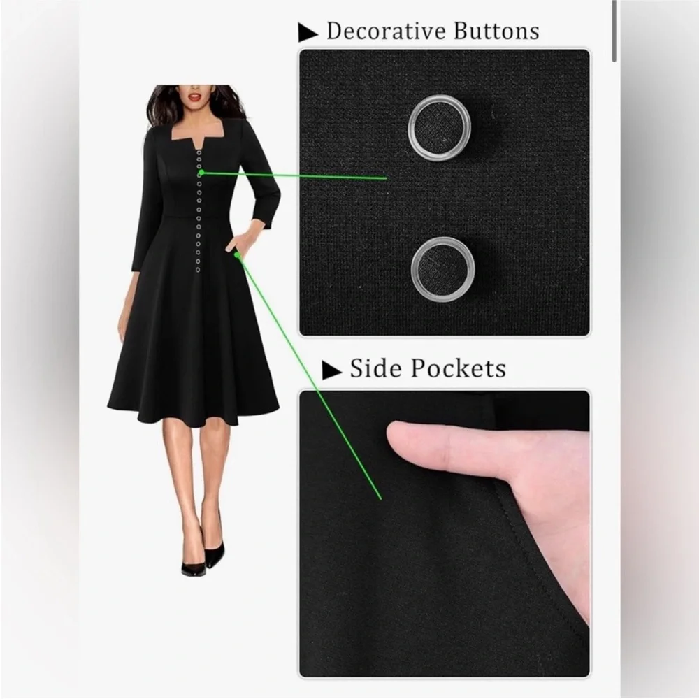 VFSHOW Women’s Square Neck Fit and Flare Dress - Picture 2 of 3